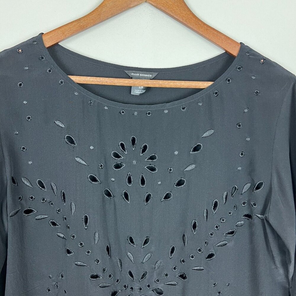 CLUB MONACO Tunic Top Womens Small Black Silk Eyelet 3/4‎ Sleeve Sheer Blouse S - Picture 14 of 16